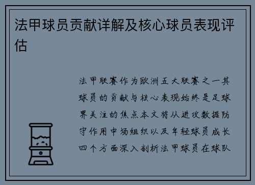 法甲球员贡献详解及核心球员表现评估